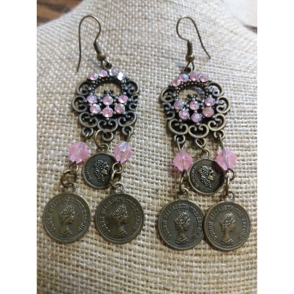 Queen Elizabeth II Dangle Earrings Bronze Faux Coin Pink Crystal chandelier wire
